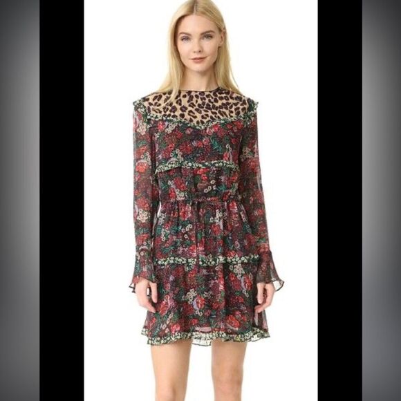 Scotch & Soda Mixed Print Leopard and Florals Dress Bell Sleeves Ruffles - Picture 1 of 13